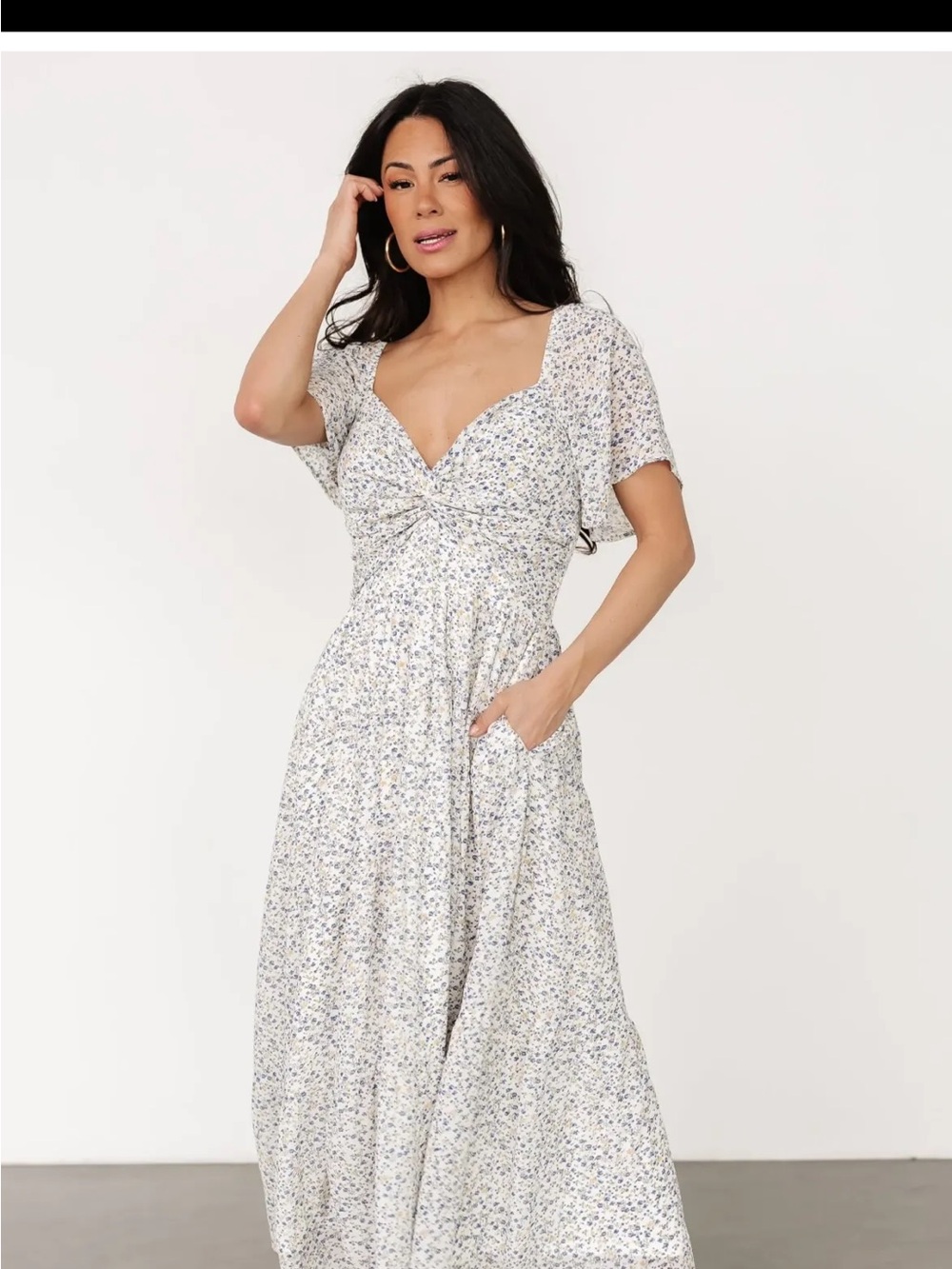 Baltic Born Cream Maxi Dress with Indigo and Yellow Floral Print and Twist Front